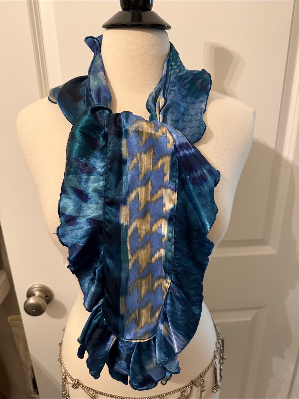 Teal & Gold Satin Ruffle Scarf